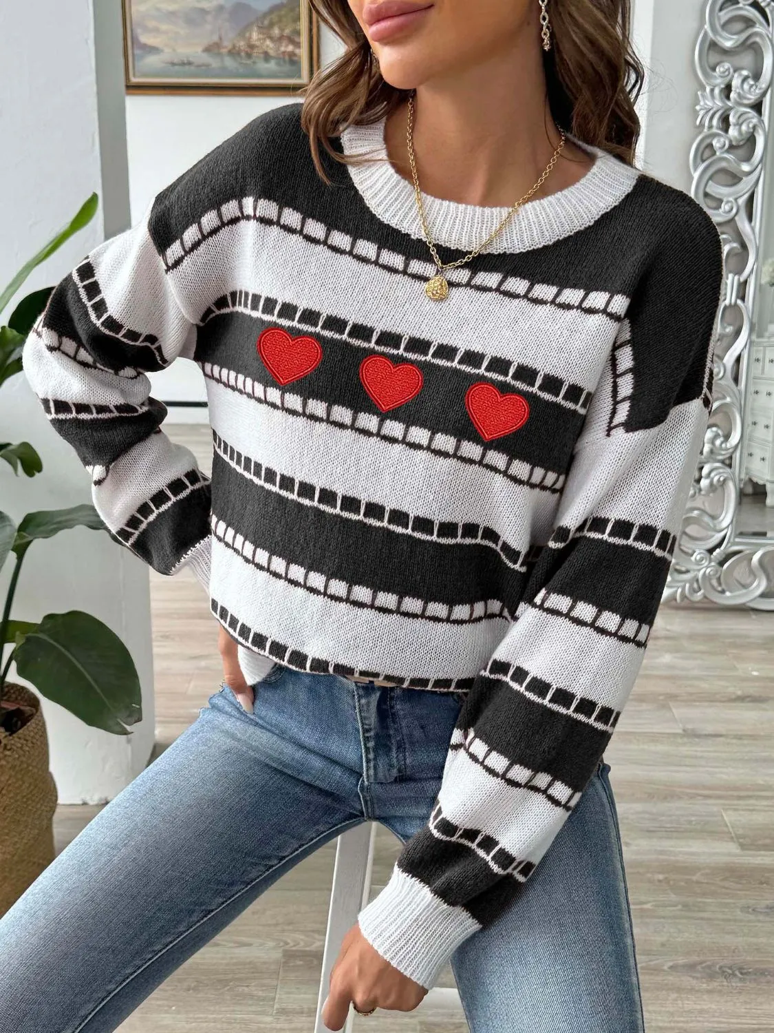 Hazel Blues® |  Heart Round Neck Long Sleeve Sweater