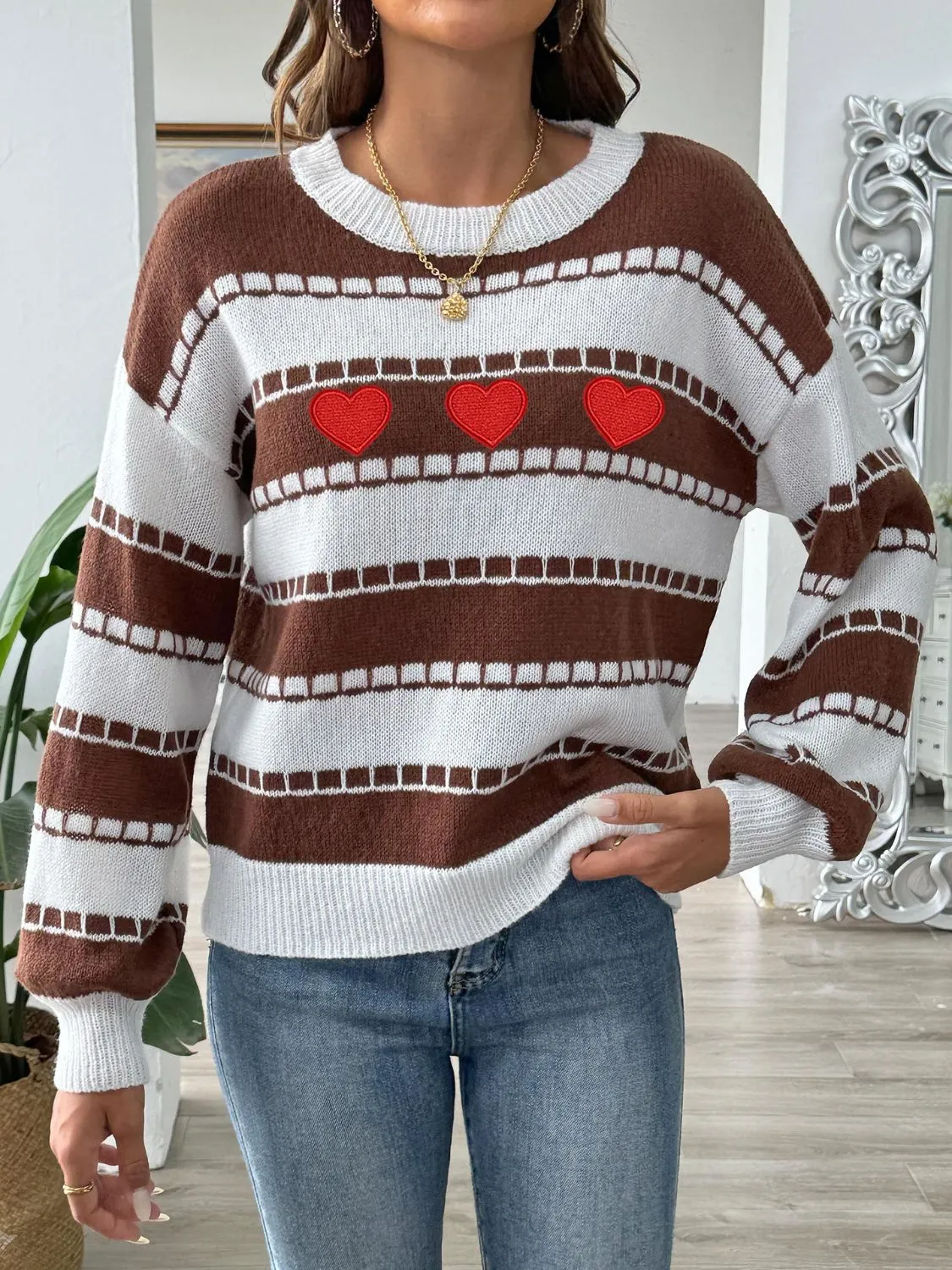 Hazel Blues® |  Heart Round Neck Long Sleeve Sweater