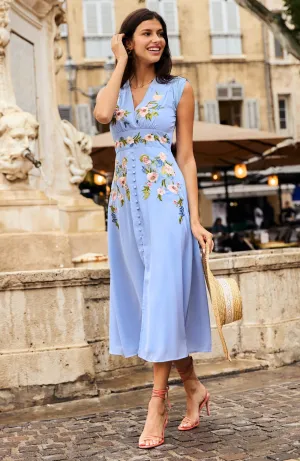 Hope & Ivy Maude Embroidered Cap Sleeve Front Button Midi Dress
