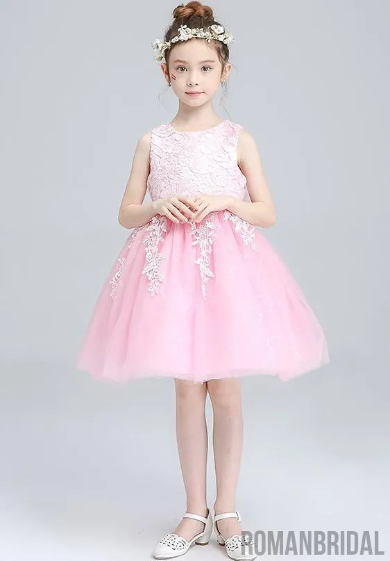 Ivory Round Neck Lace Tulle Flower Girl Dresses, Zip up Cute Little Girl Dresses, FG043
