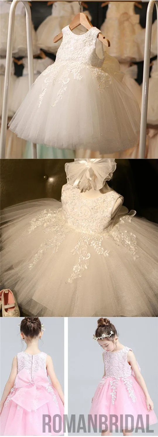 Ivory Round Neck Lace Tulle Flower Girl Dresses, Zip up Cute Little Girl Dresses, FG043