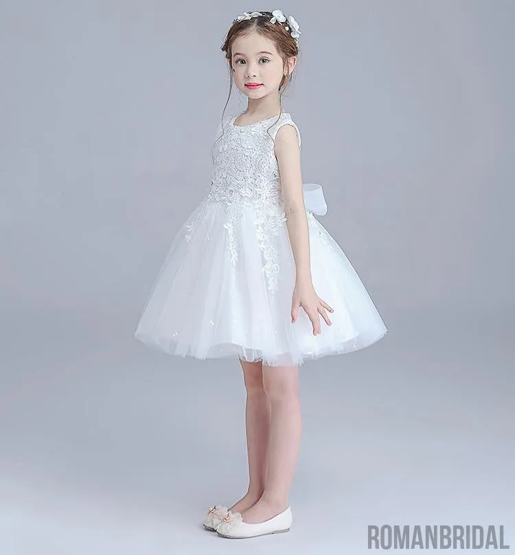 Ivory Round Neck Lace Tulle Flower Girl Dresses, Zip up Cute Little Girl Dresses, FG043