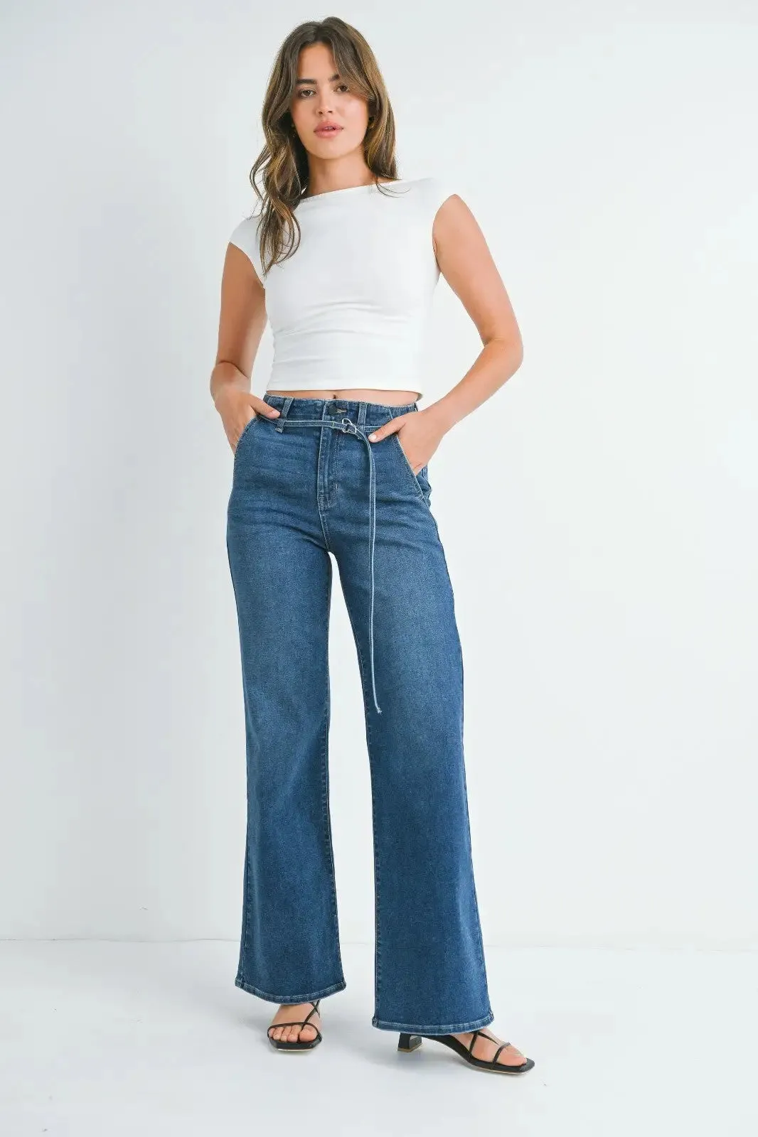 JUST BLACK DARK DENIM BELTED WIDE LEG