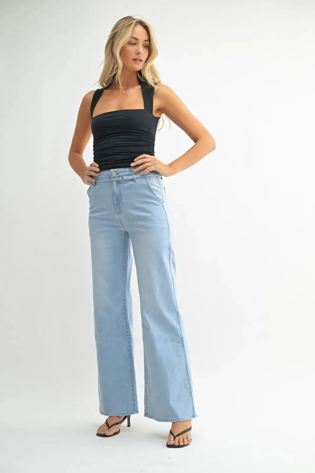 JUST BLACK DARK DENIM BELTED WIDE LEG