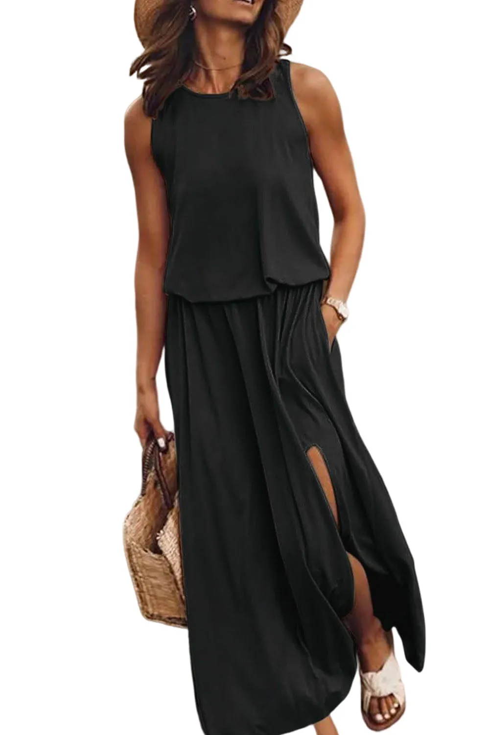 KaleaBoutique Solid Sleeveless Tunic Maxi Dress with Split