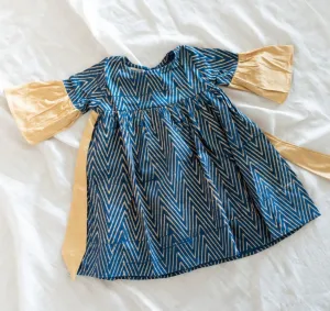 Klingaru Frock - Festive Blue with Handblock Golden Zig Zag