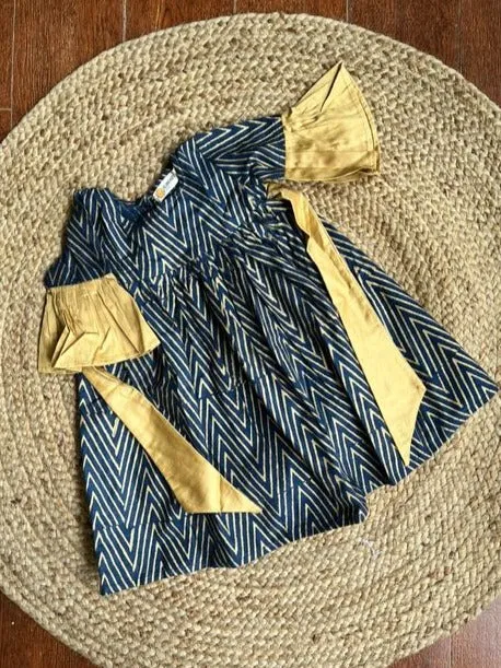 Klingaru Frock - Festive Blue with Handblock Golden Zig Zag