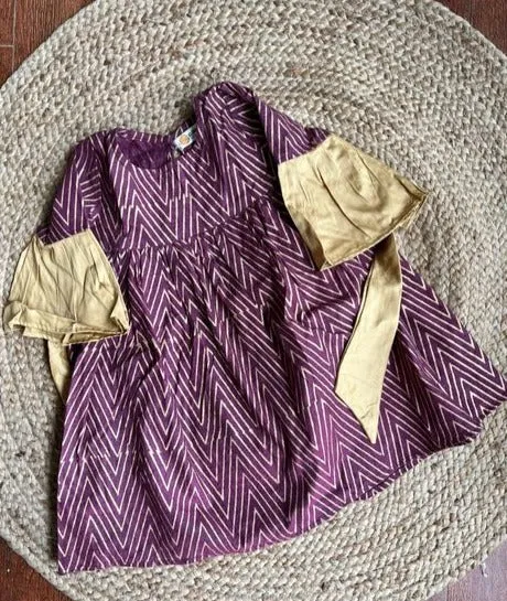 Klingaru Frock - Festive Wine with Handblock Golden Zig Zag