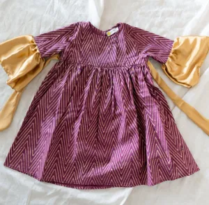 Klingaru Frock - Festive Wine with Handblock Golden Zig Zag