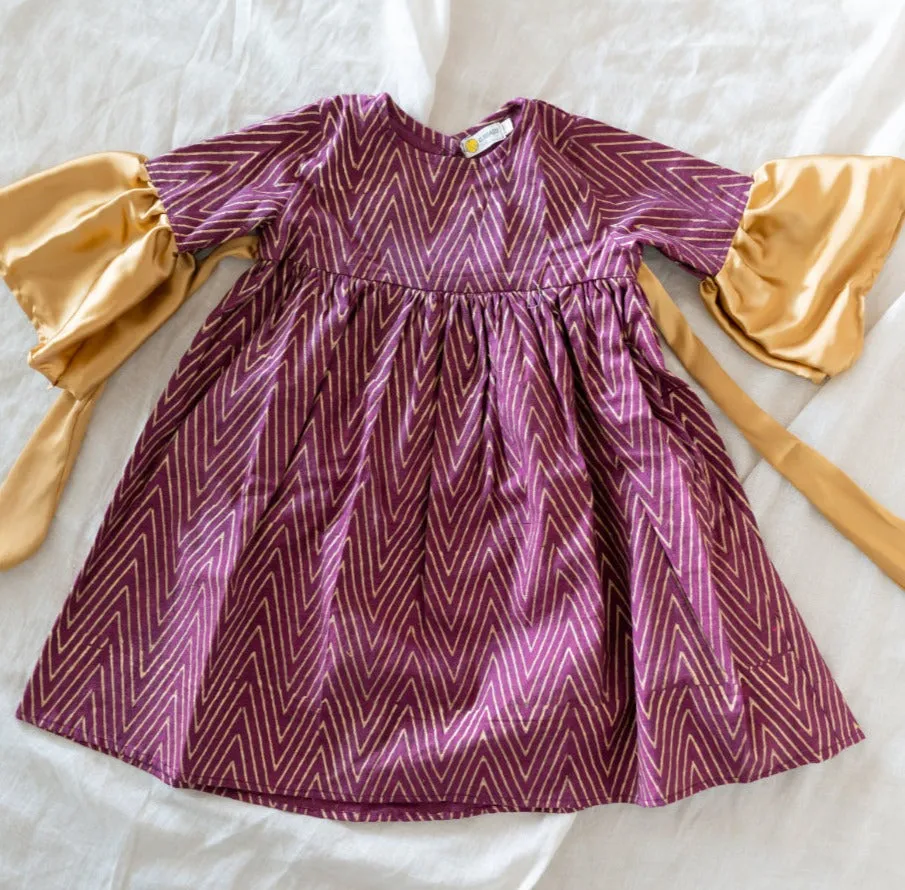 Klingaru Frock - Festive Wine with Handblock Golden Zig Zag