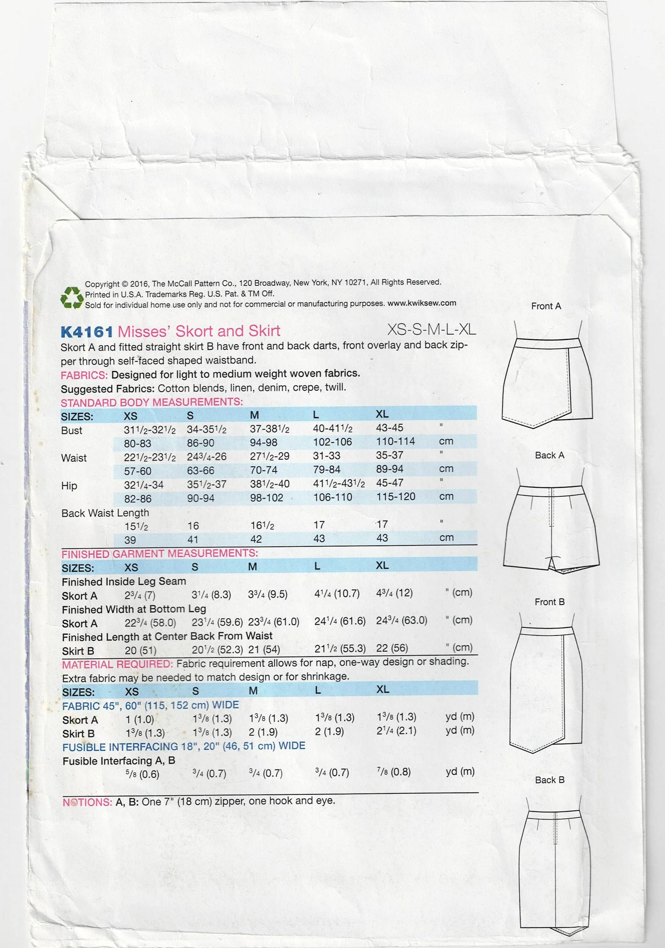 Kwik Sew 4161 Womens Asymmetric Skort & Wrap Skirt Out Of Print Sewing Pattern Size XS - XL UNCUT Factory Folded