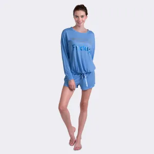 Ladies' 2-PC Light Blue Long Sleeve Boxer Set