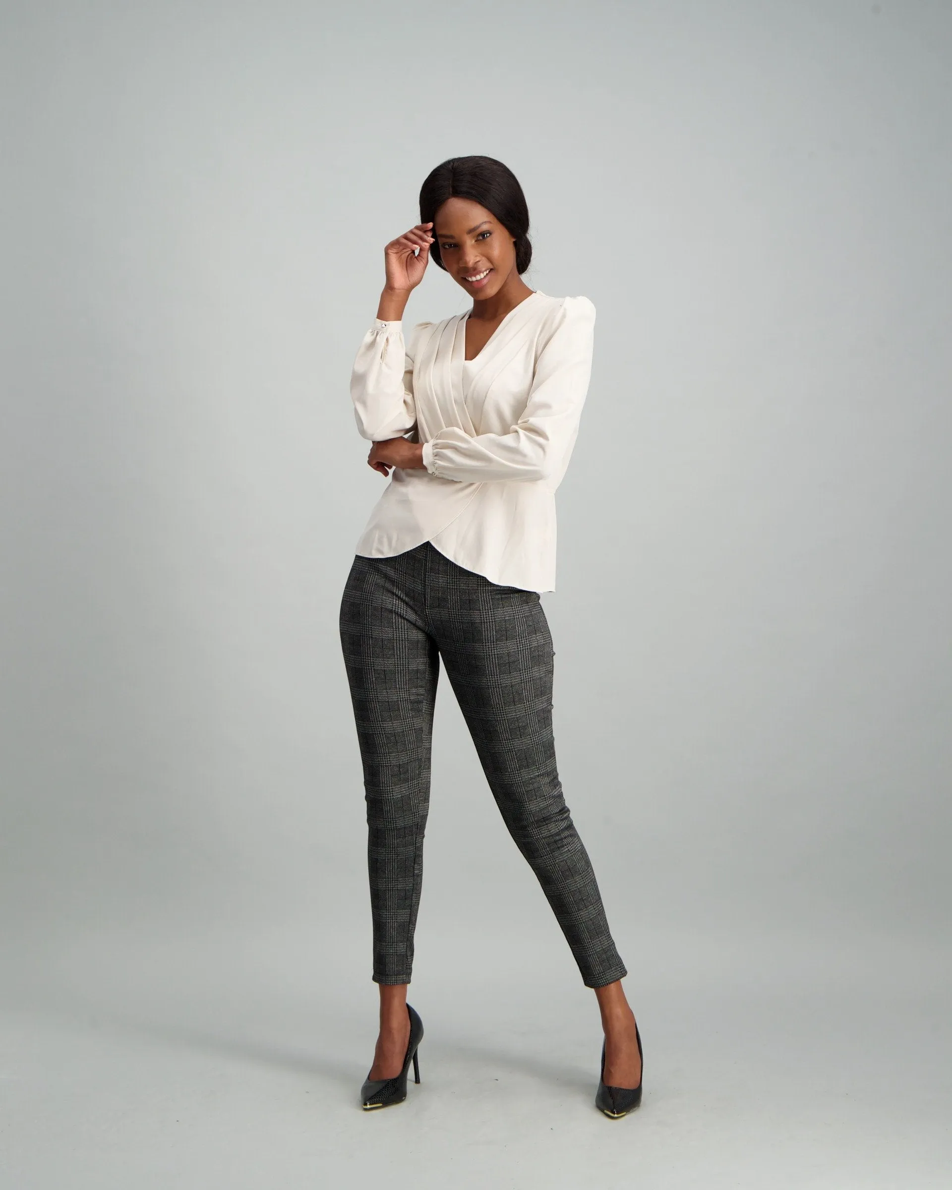 Ladies Woven Wrap Blouse with Pleats - Cream