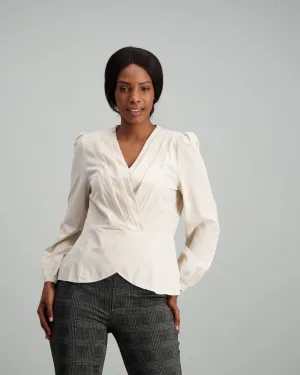 Ladies Woven Wrap Blouse with Pleats - Cream