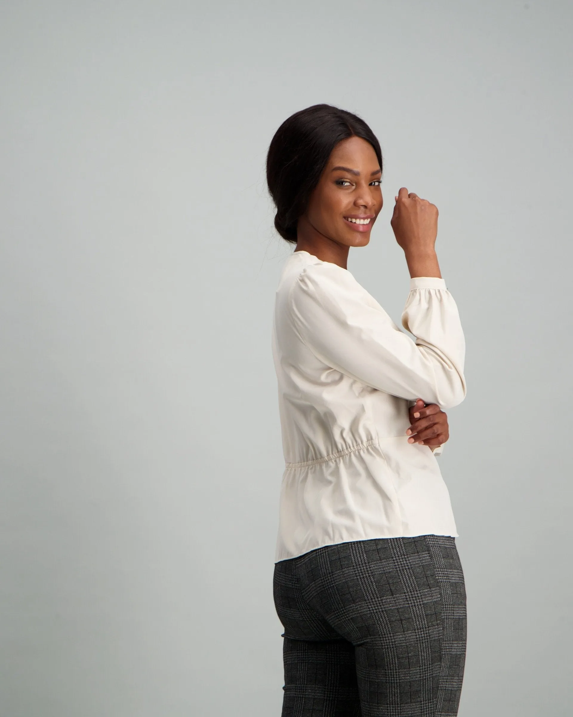 Ladies Woven Wrap Blouse with Pleats - Cream