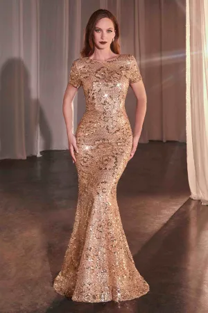 Ladivine CC3700 Rose Gold Floral Motif Sequin Fit and Flare Dress