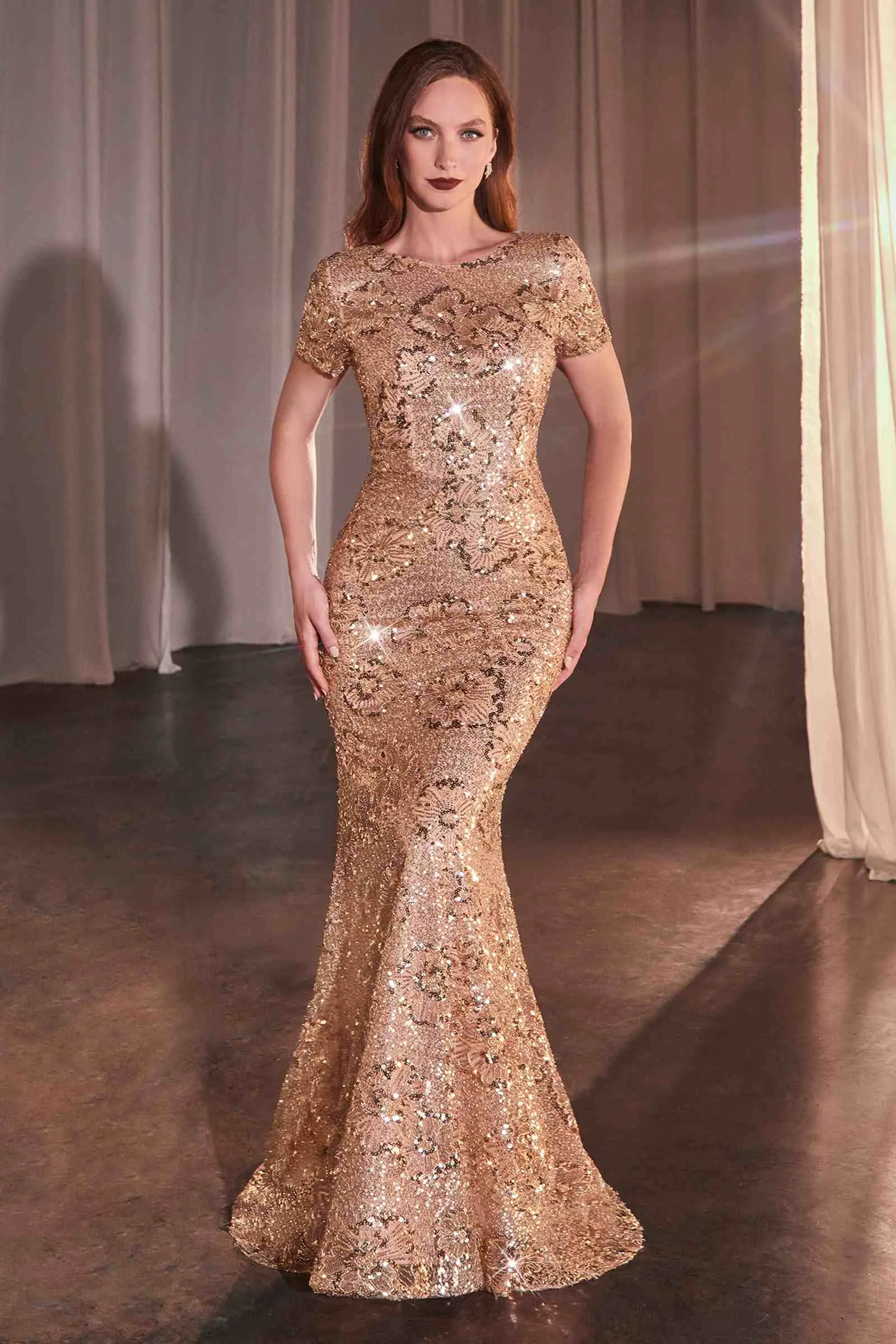 Ladivine CC3700 Rose Gold Floral Motif Sequin Fit and Flare Dress