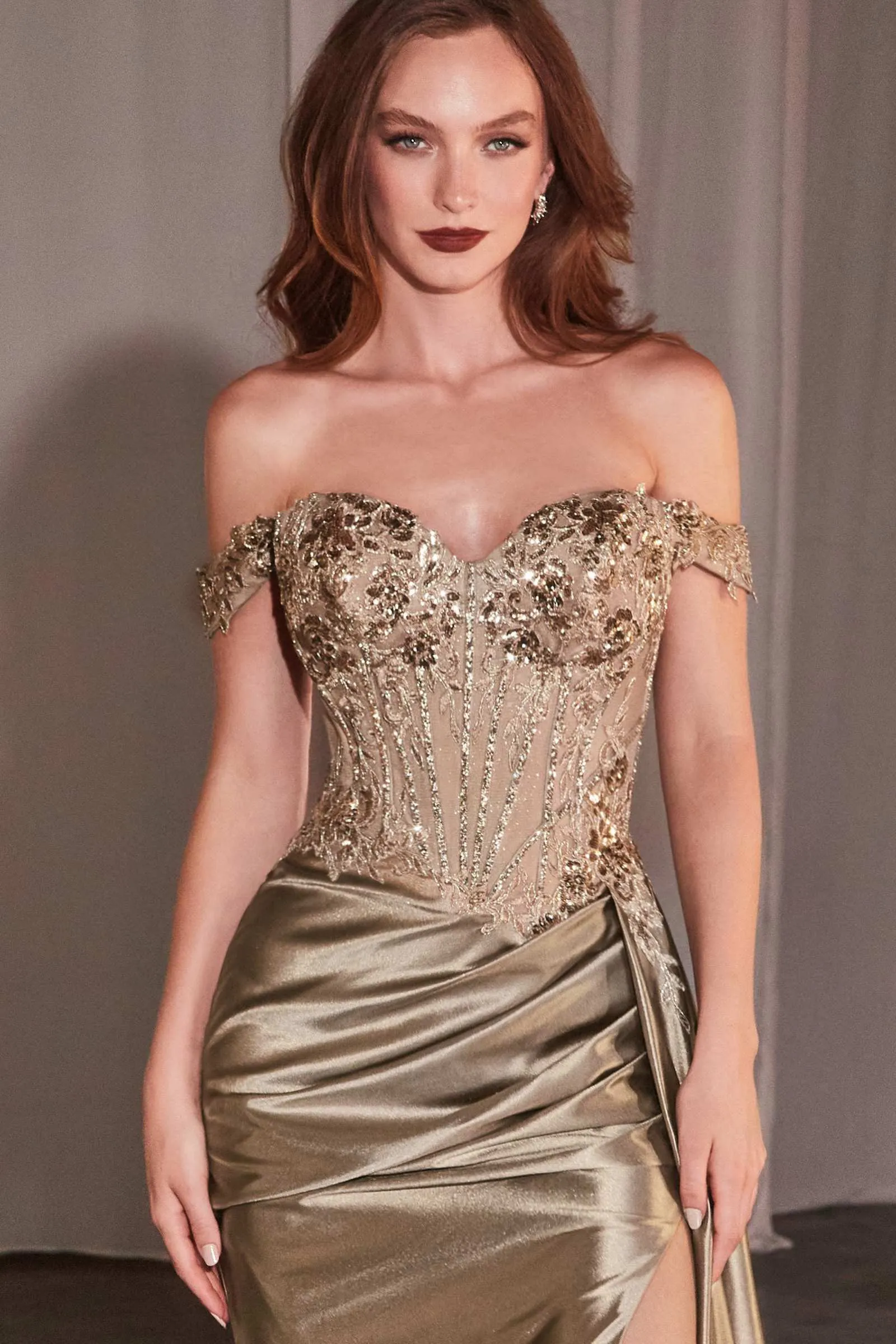 Ladivine CD803 Off The Shoulder Lace & Satin Fitted Gown