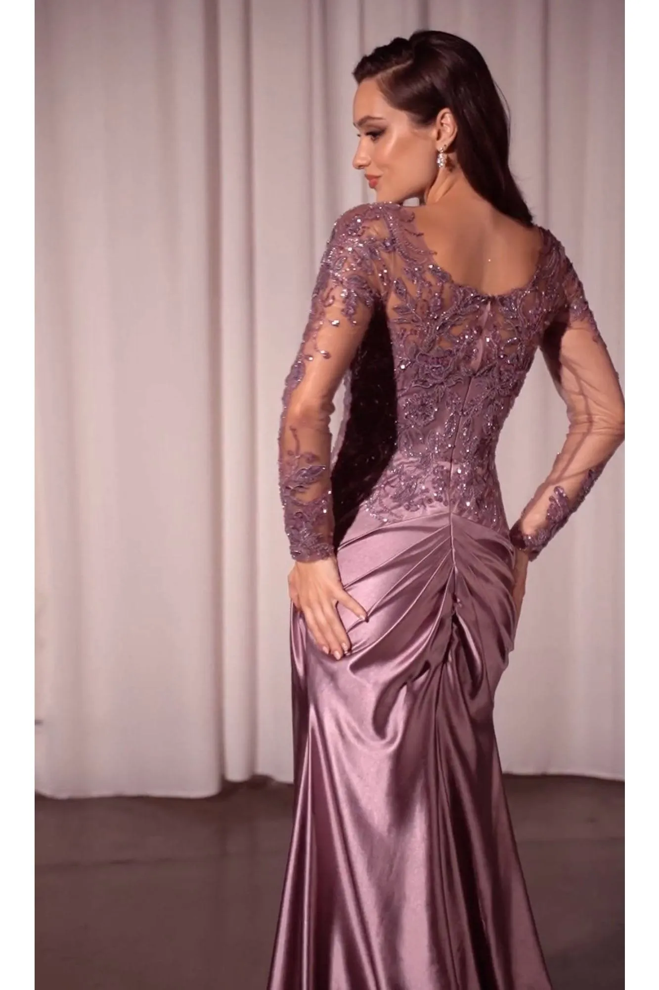 Ladivine CDS505 Dress Lace Long Sleeve Satin Fitted Gown