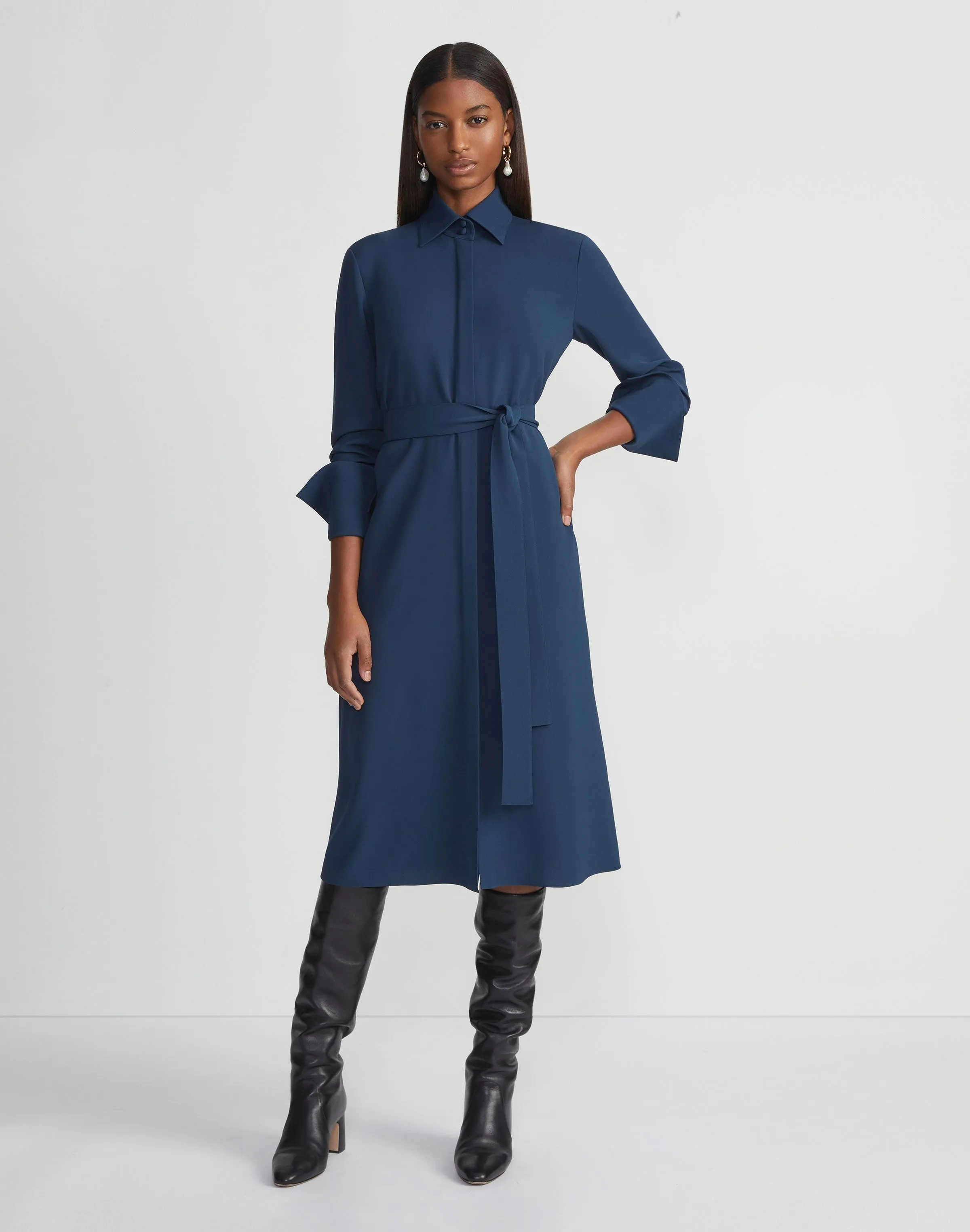 Lafayette 148 Responsible Finesse Crepe Buttoned Split Cuff Shirtdress in Lido Blue