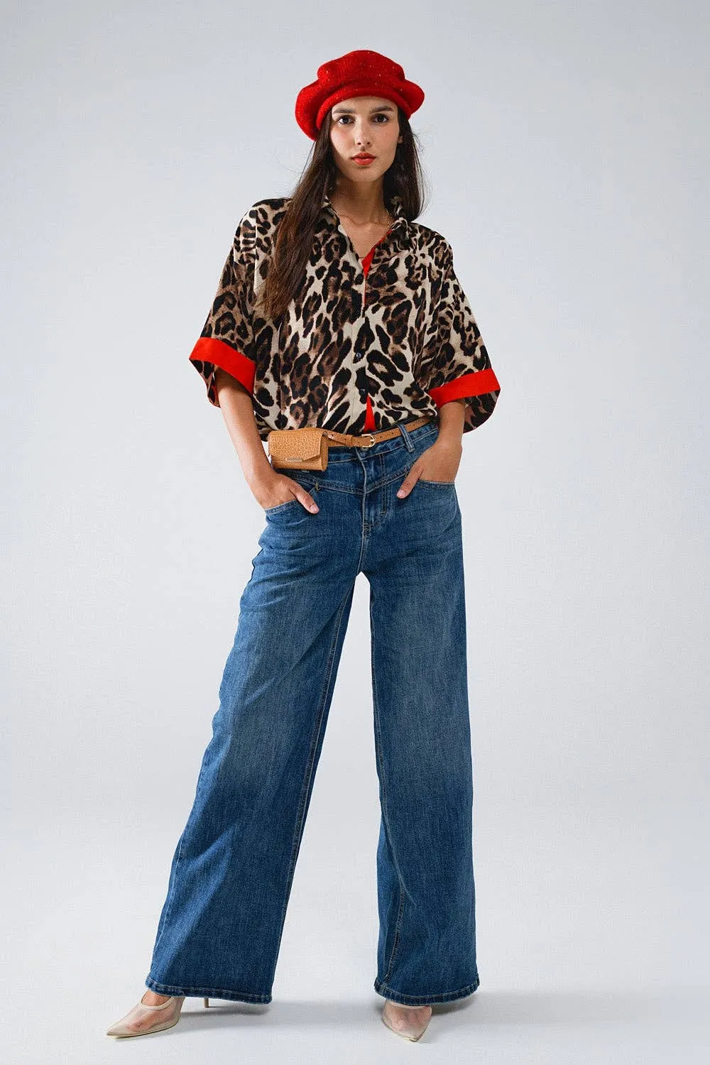 Leopard 3/4 Sleeves Shirt WIth Red Detail