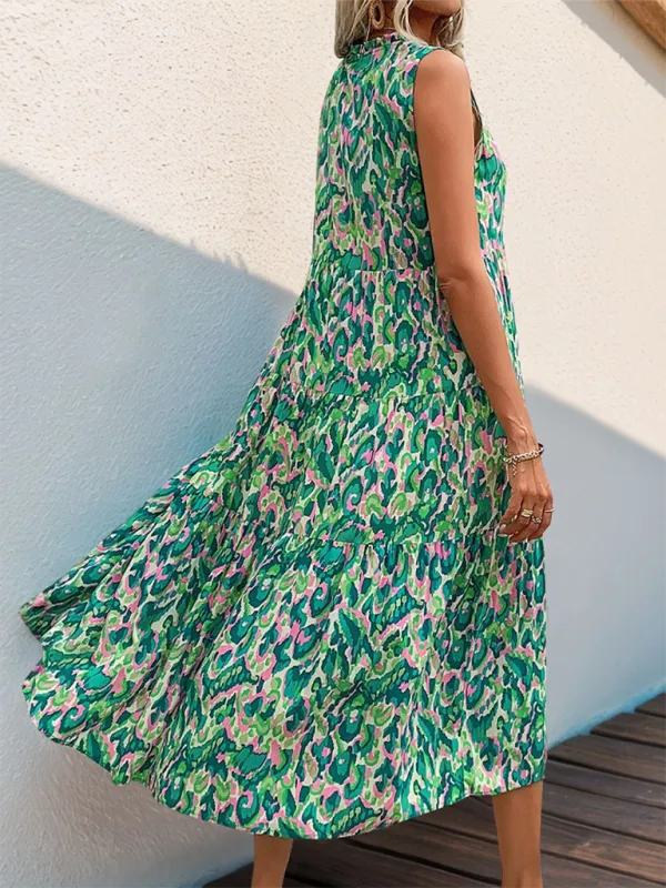 Leopard Print Boho Dress with Tie-Neck Sleeveless Design