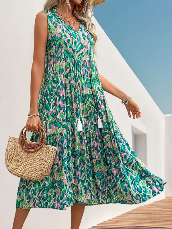 Leopard Print Boho Dress with Tie-Neck Sleeveless Design