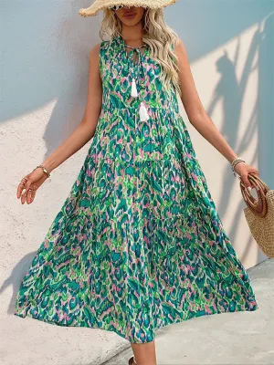 Leopard Print Boho Dress with Tie-Neck Sleeveless Design