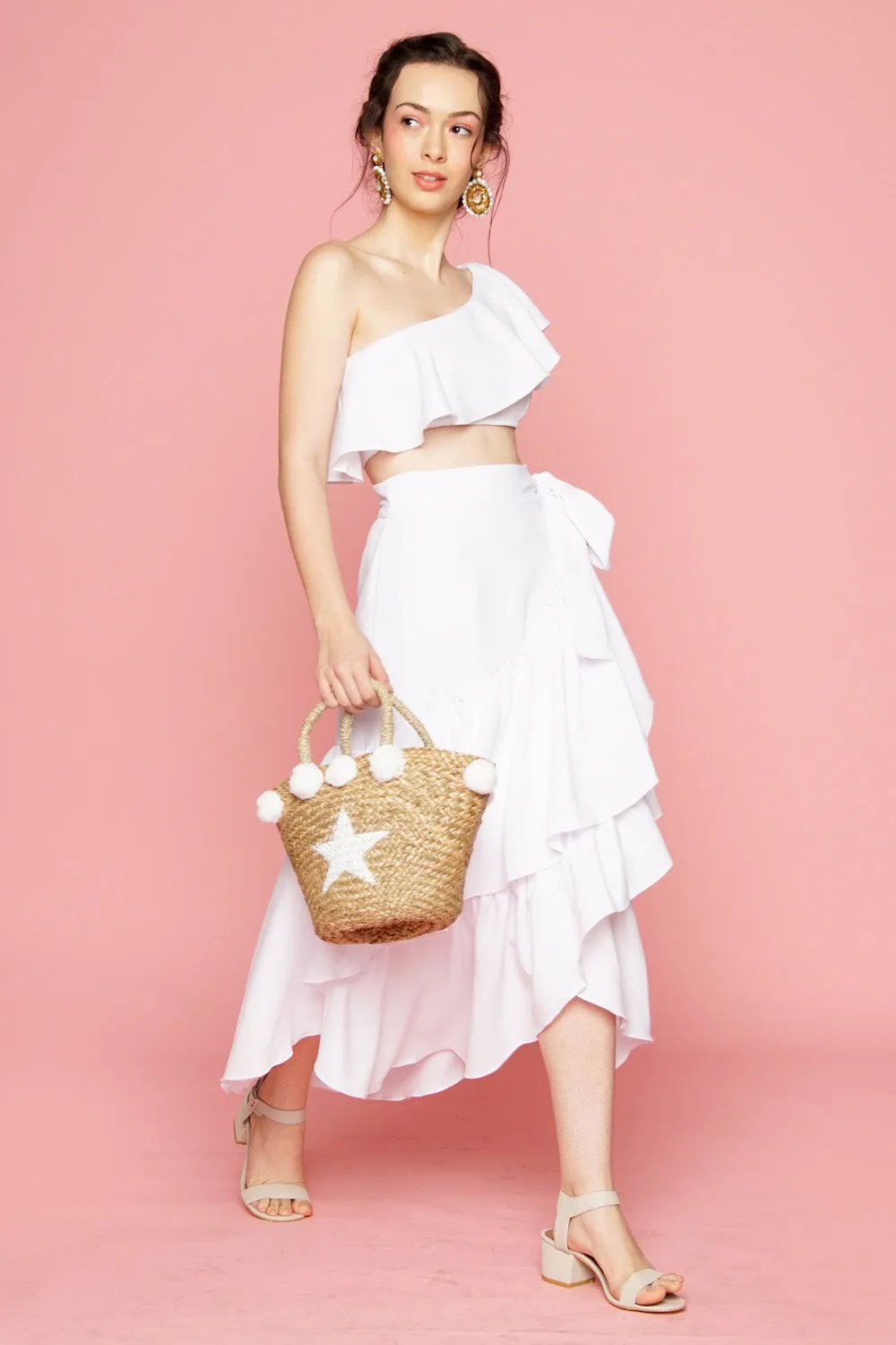 LOLITA SET DRESS: Ruffle Wrap Skirt  Asymmetric Ruffle Crop Top (White)