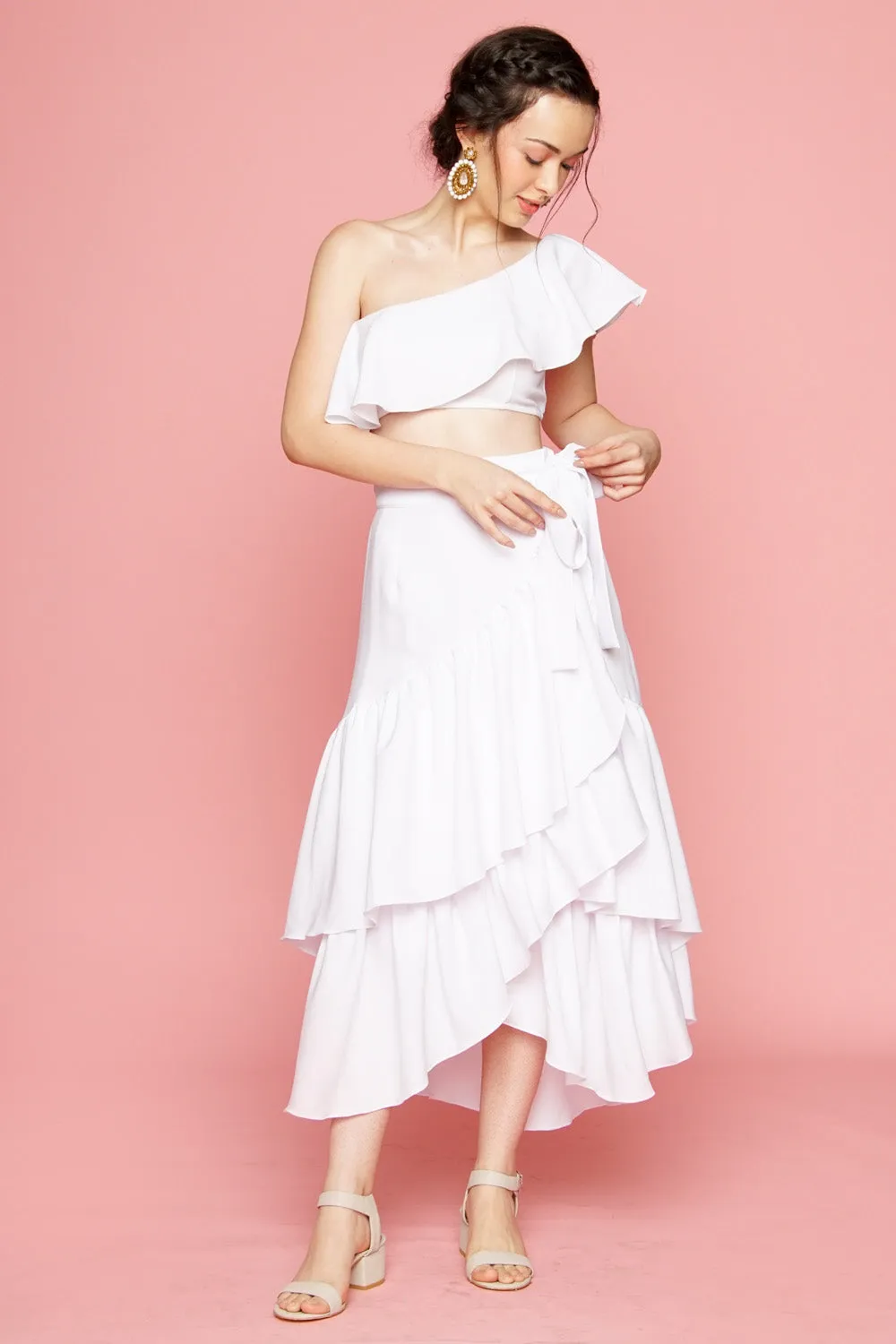 LOLITA SET DRESS: Ruffle Wrap Skirt  Asymmetric Ruffle Crop Top (White)
