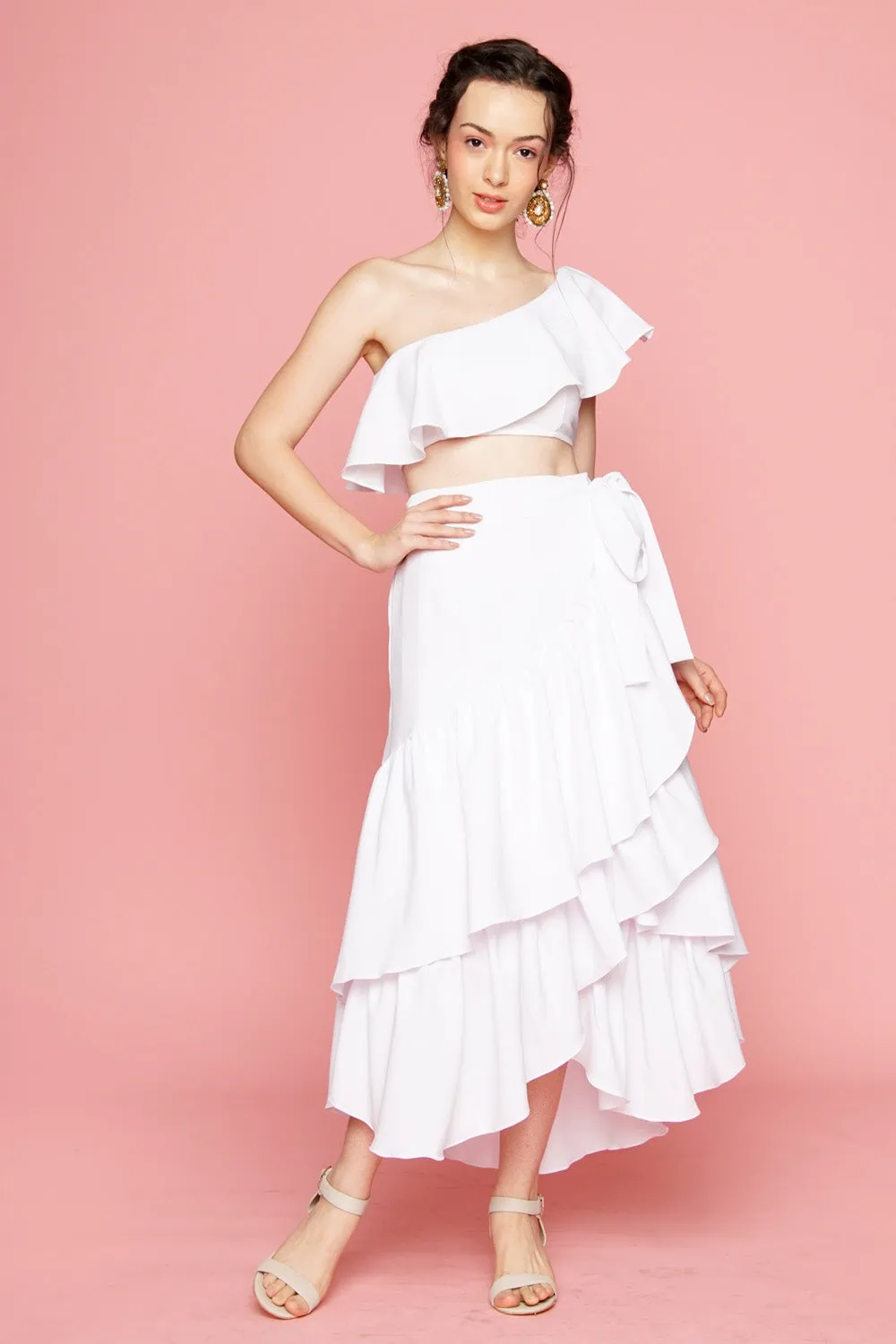 LOLITA SET DRESS: Ruffle Wrap Skirt  Asymmetric Ruffle Crop Top (White)