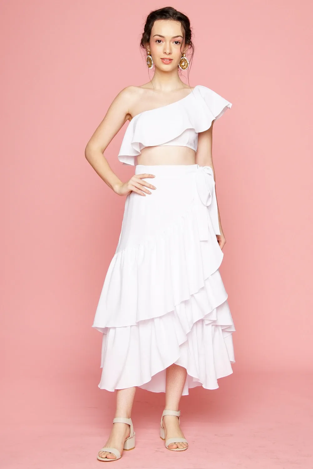 LOLITA SET DRESS: Ruffle Wrap Skirt  Asymmetric Ruffle Crop Top (White)
