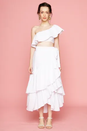 LOLITA SET DRESS: Ruffle Wrap Skirt  Asymmetric Ruffle Crop Top (White)