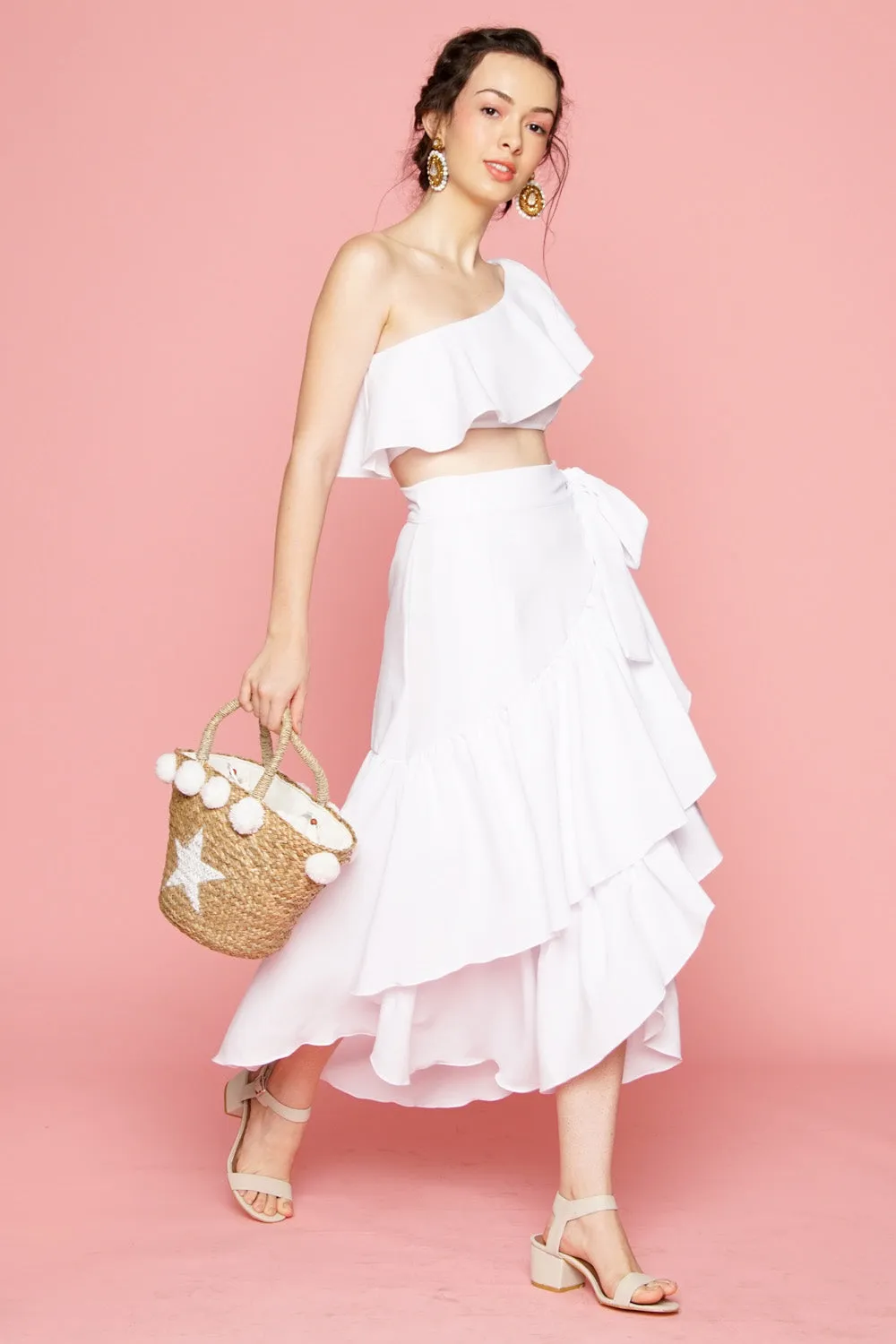 LOLITA SET DRESS: Ruffle Wrap Skirt  Asymmetric Ruffle Crop Top (White)
