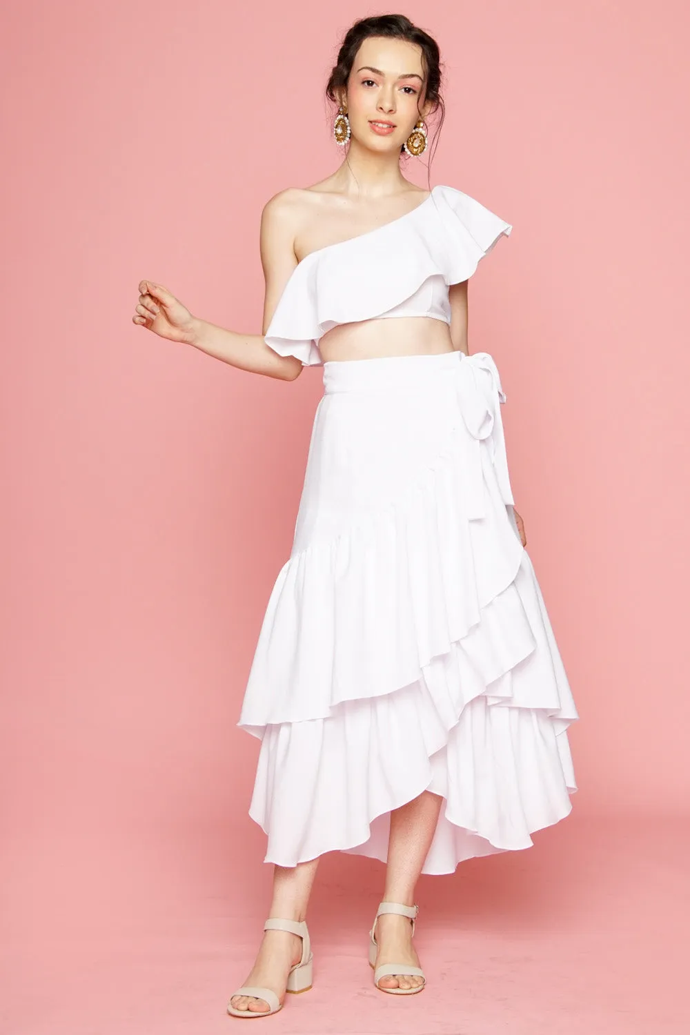 LOLITA SET DRESS: Ruffle Wrap Skirt  Asymmetric Ruffle Crop Top (White)