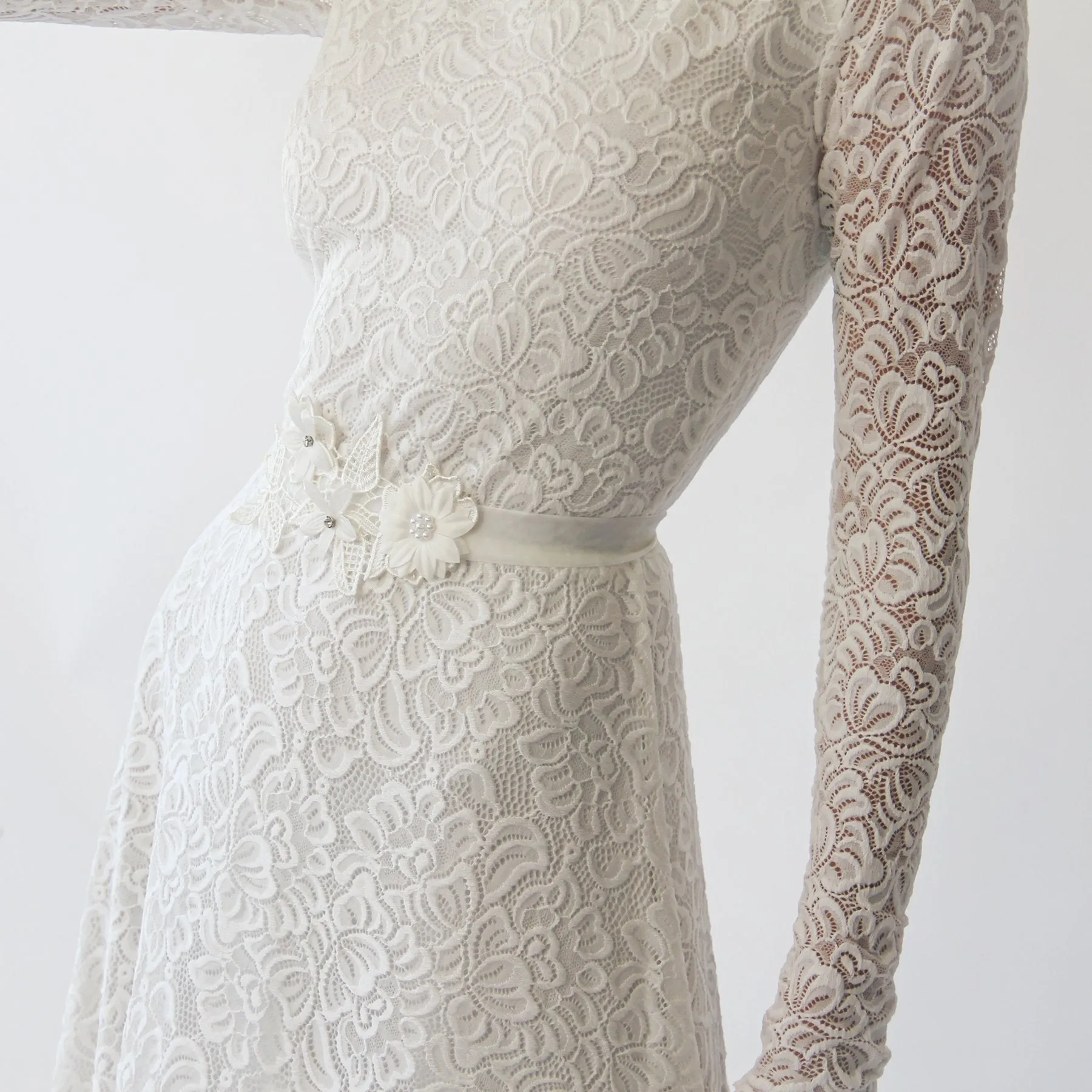 Long sleeves boat neckline modest wedding dress with floral sash belt #1296