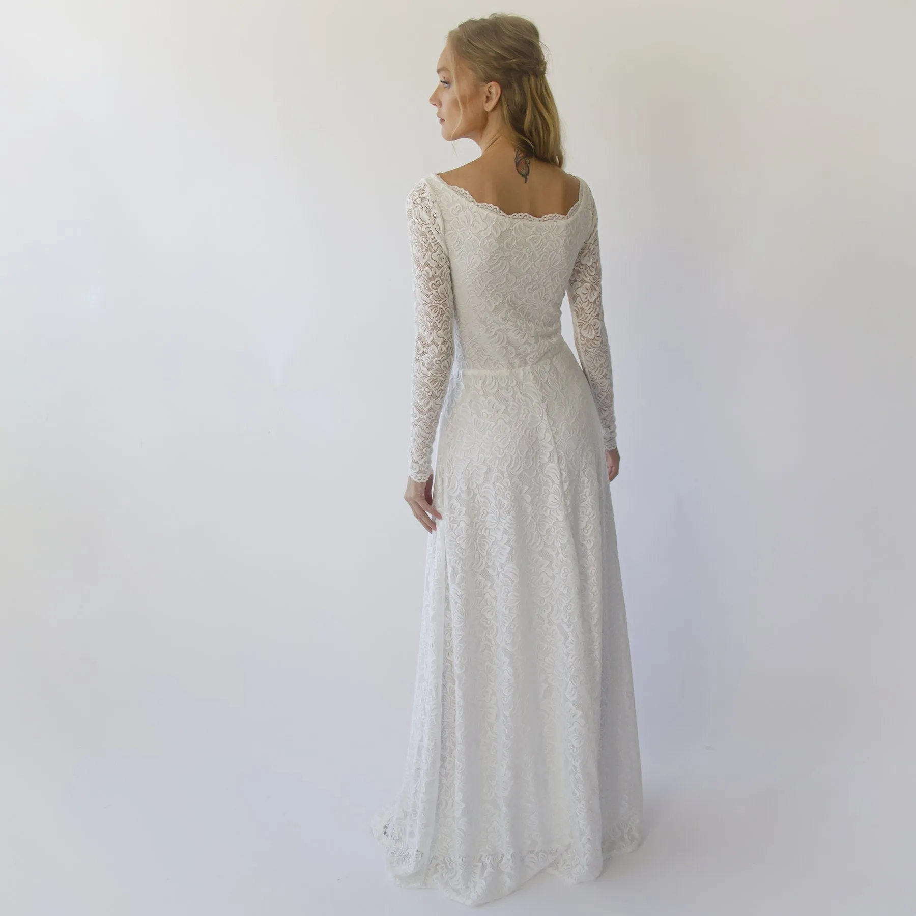 Long sleeves boat neckline modest wedding dress with floral sash belt #1296