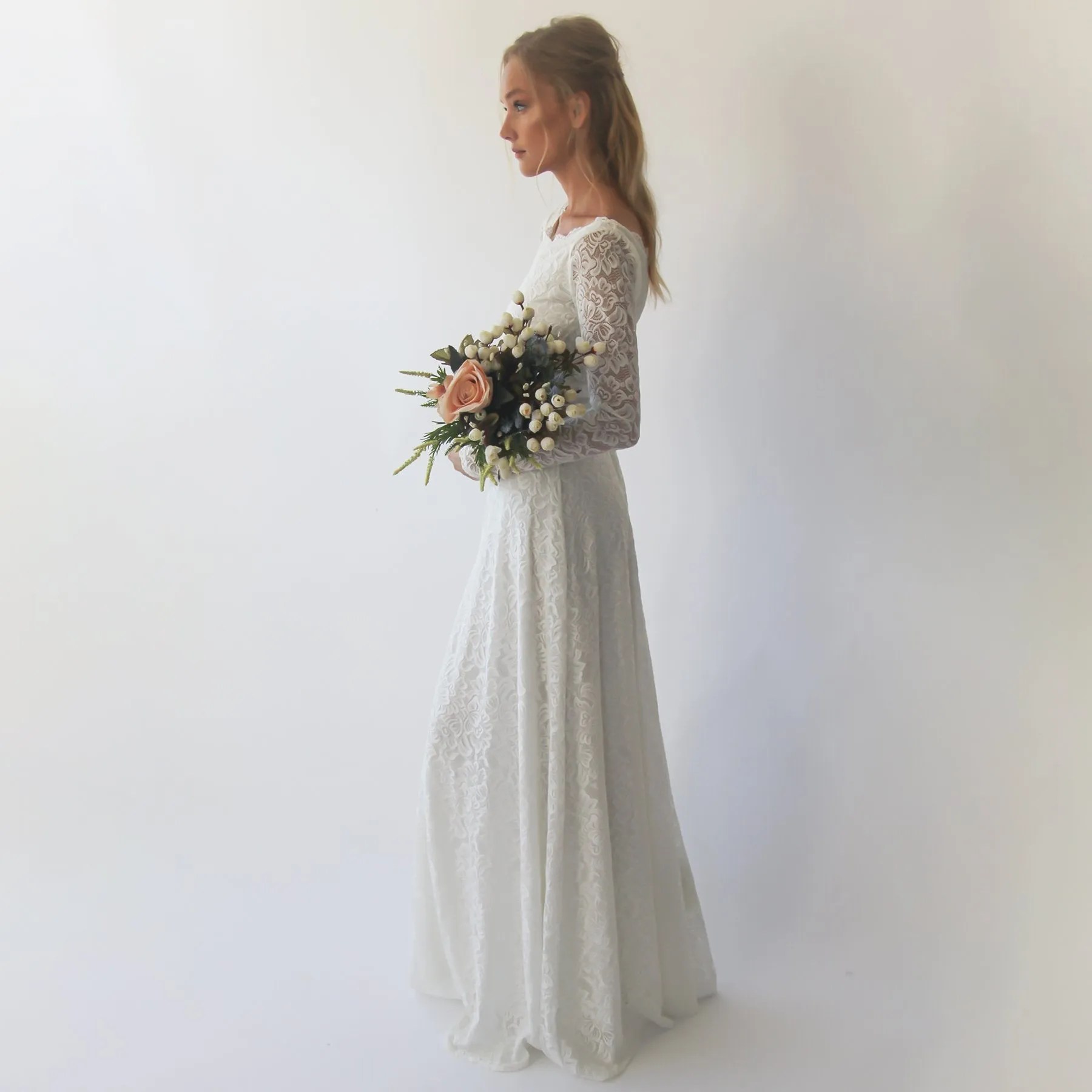 Long sleeves boat neckline modest wedding dress with floral sash belt #1296