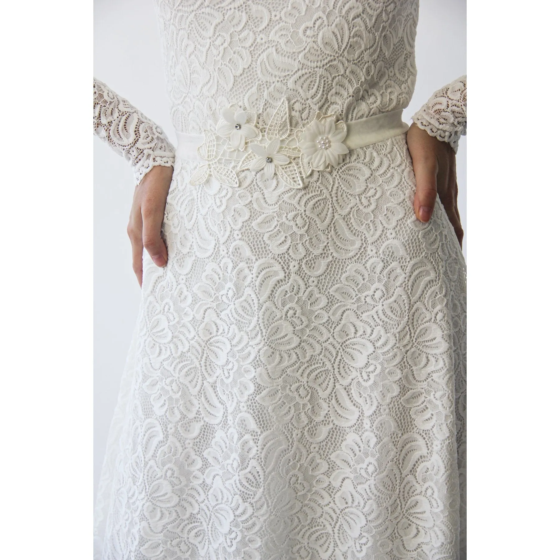 Long sleeves boat neckline modest wedding dress with floral sash belt #1296