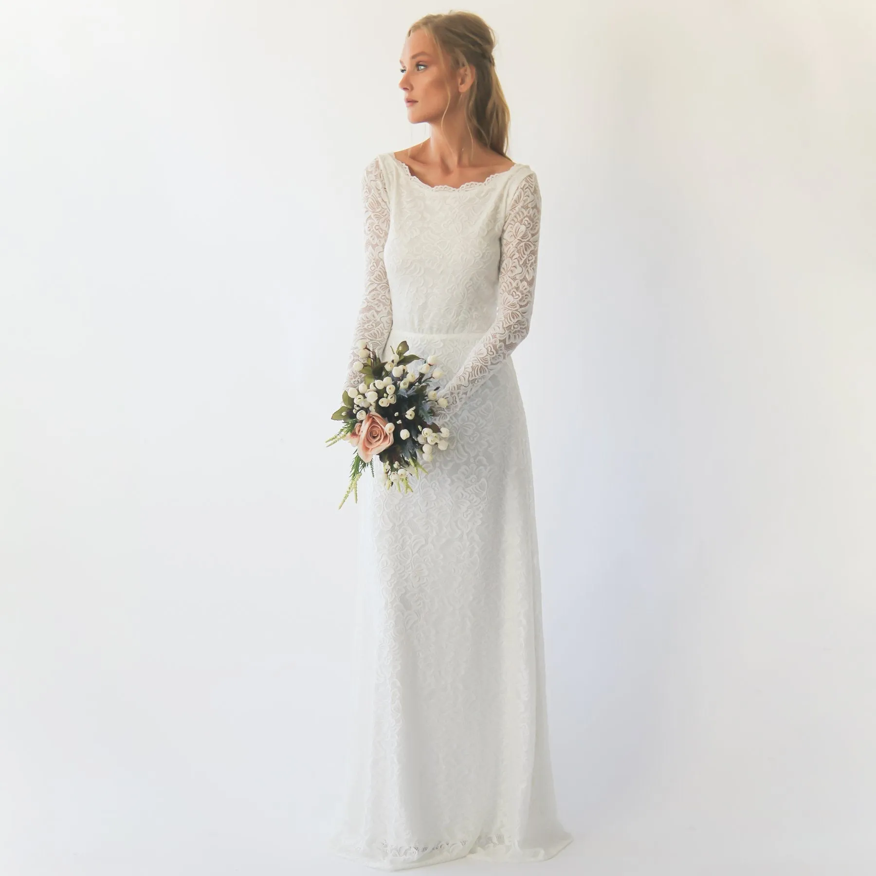 Long sleeves boat neckline modest wedding dress with floral sash belt #1296