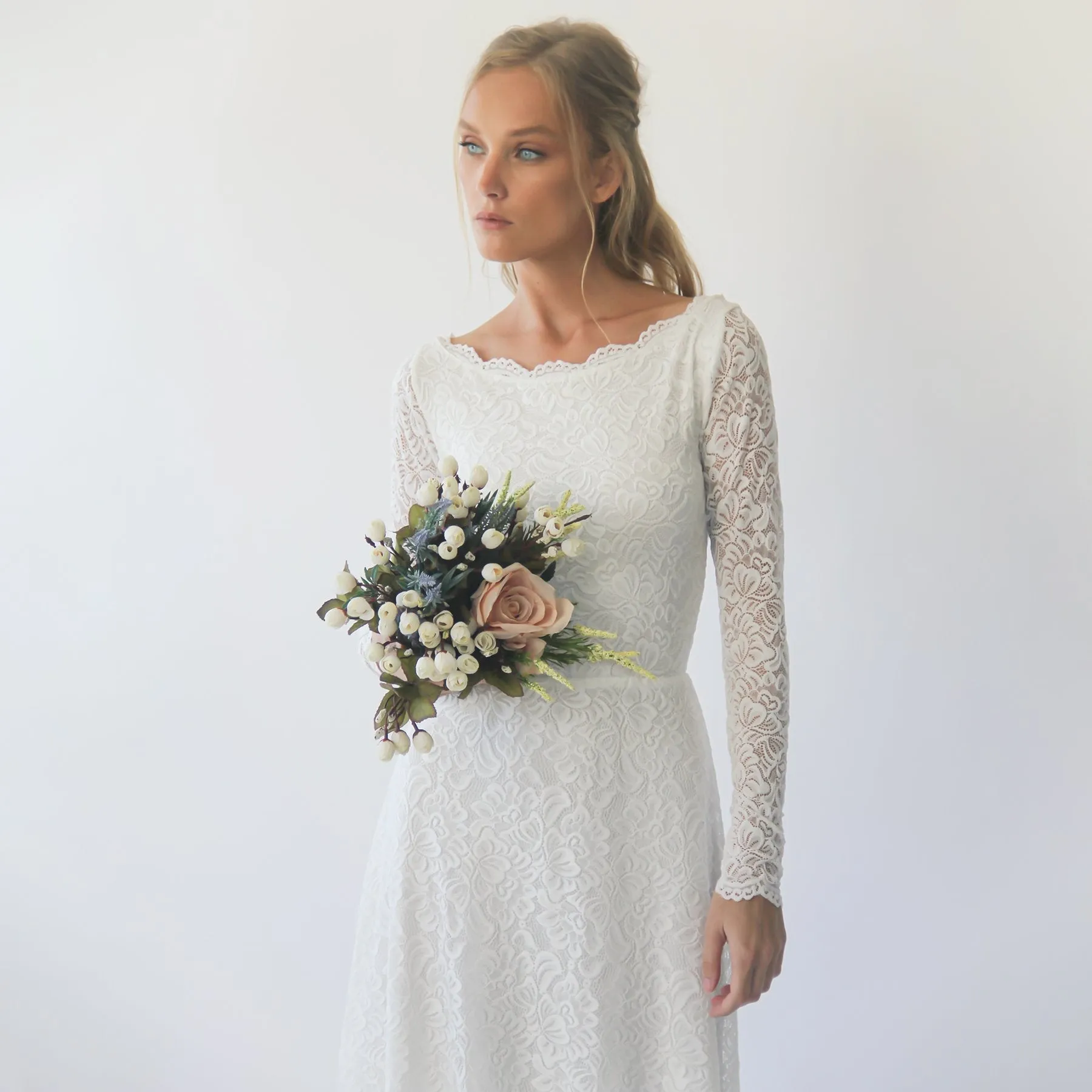 Long sleeves boat neckline modest wedding dress with floral sash belt #1296