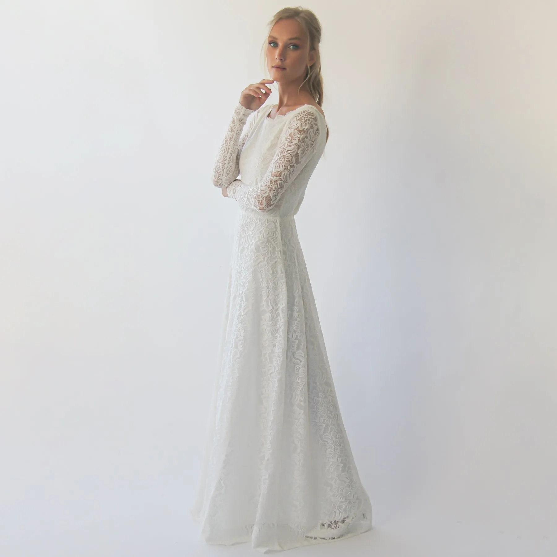Long sleeves boat neckline modest wedding dress with floral sash belt #1296