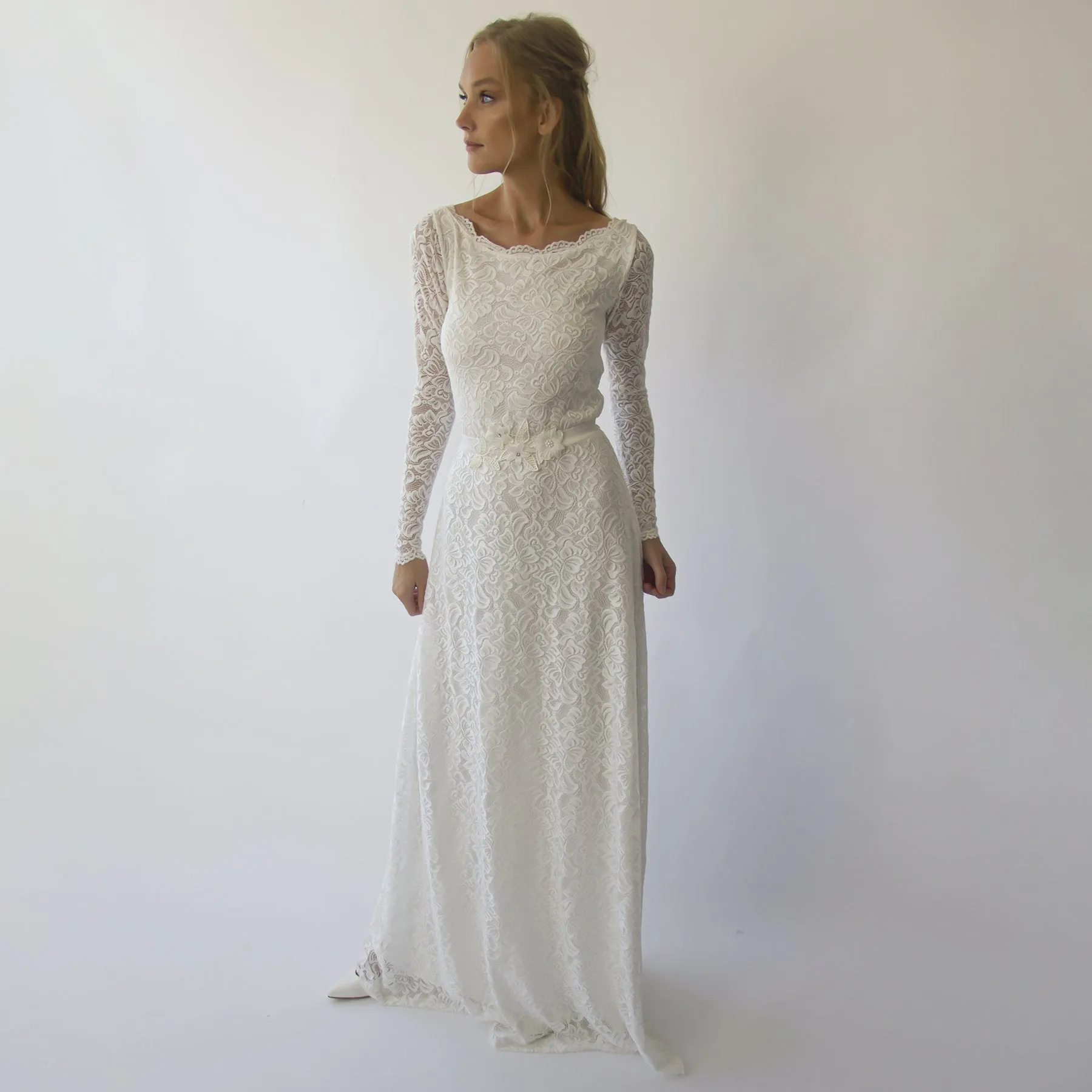 Long sleeves boat neckline modest wedding dress with floral sash belt #1296