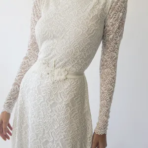 Long sleeves boat neckline modest wedding dress with floral sash belt #1296