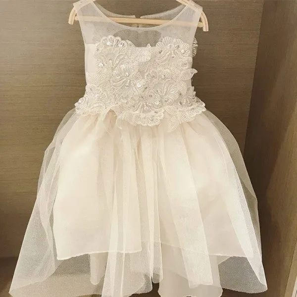 Lovely Round Neck Open Back White Flower Girl Dresses with Appliques&Beaded, QB0230