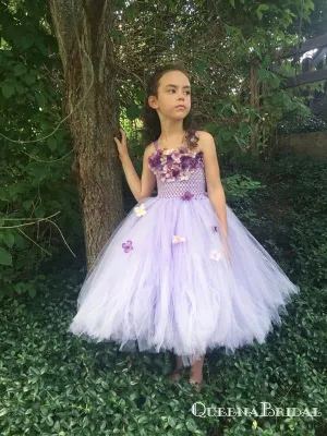Lovely Spaghetti Strap Lilac Tulle A-line Long Cheap Flower Girl Dresses, FGS0022