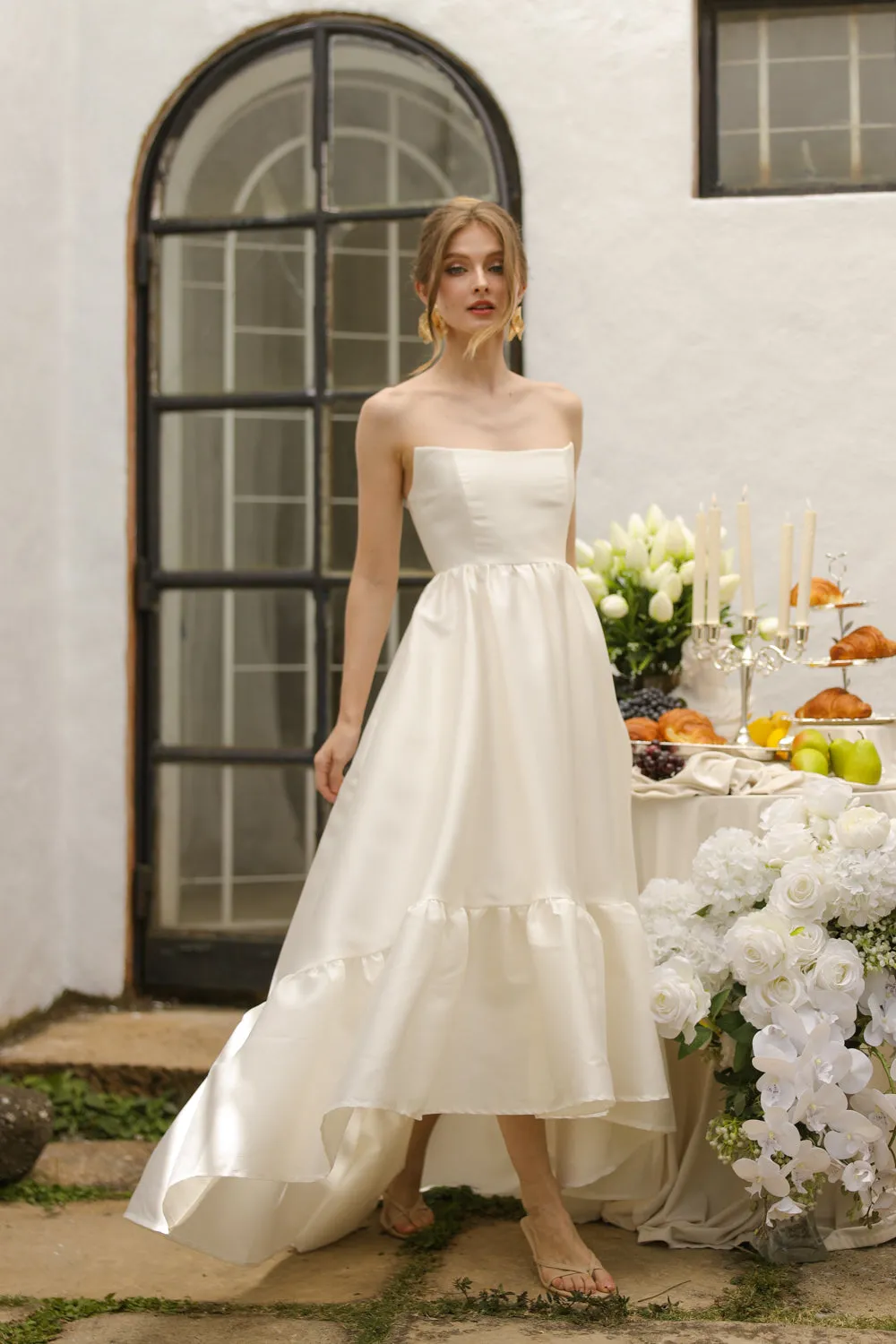 MADELEINE Strapless High Low Gown with Ruffle Hem (Ivory White Gazaar)