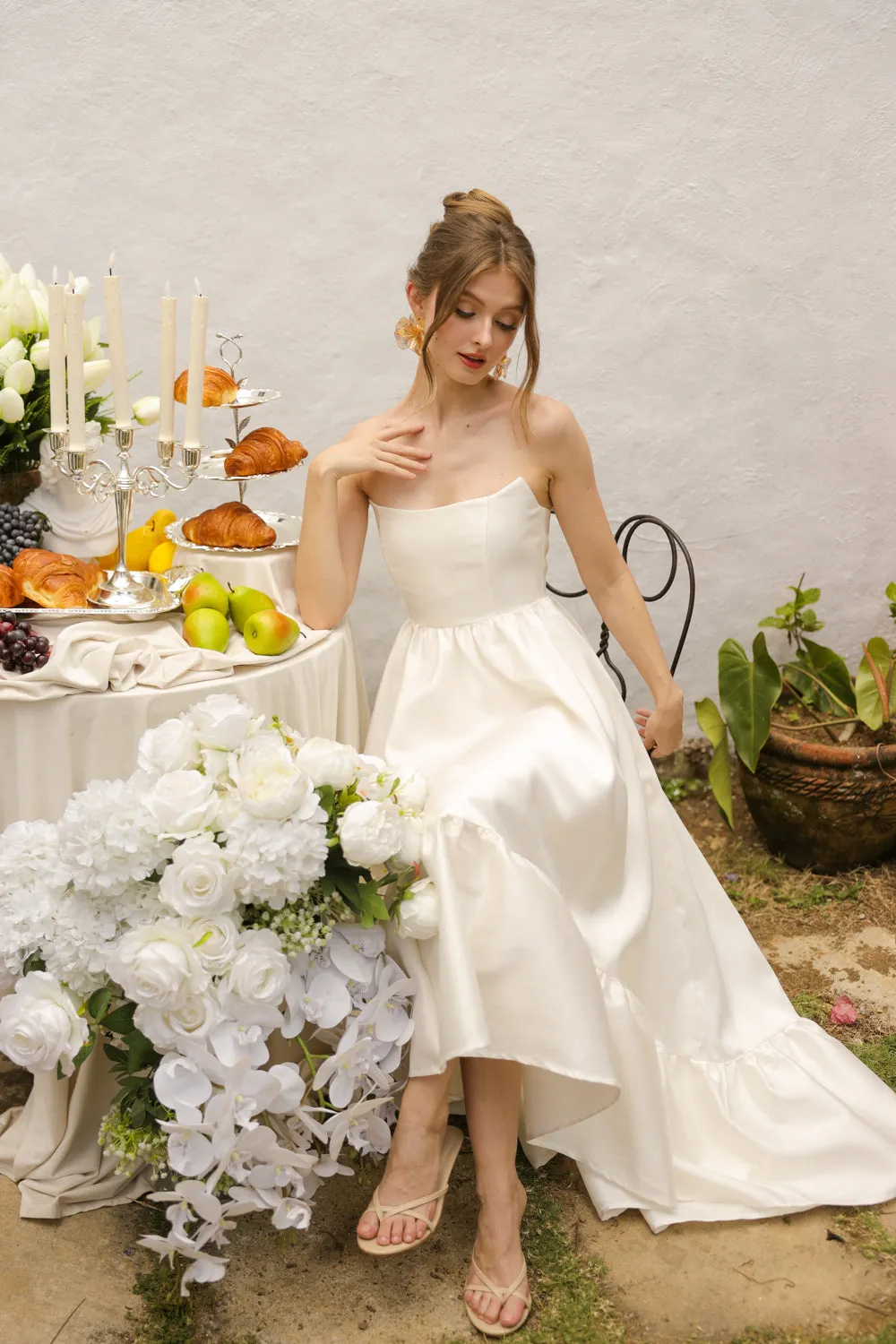 MADELEINE Strapless High Low Gown with Ruffle Hem (Ivory White Gazaar)