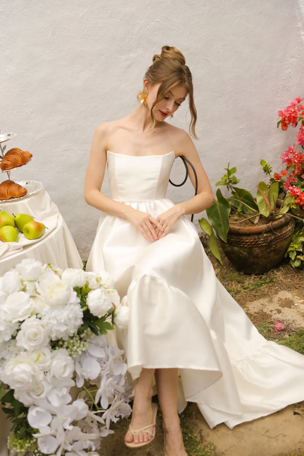 MADELEINE Strapless High Low Gown with Ruffle Hem (Ivory White Gazaar)