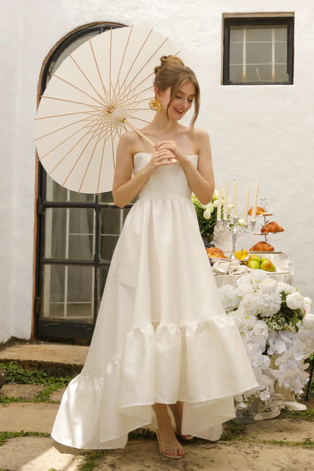 MADELEINE Strapless High Low Gown with Ruffle Hem (Ivory White Gazaar)